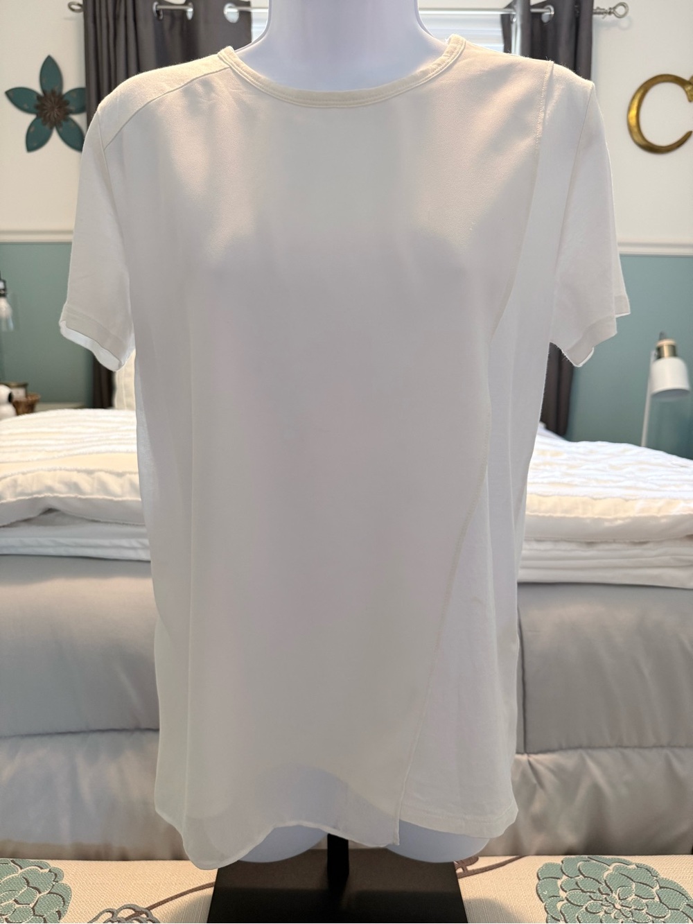 DKNY White Short Sleeve Tee with a Partial Sheer Overlay Logo Tag